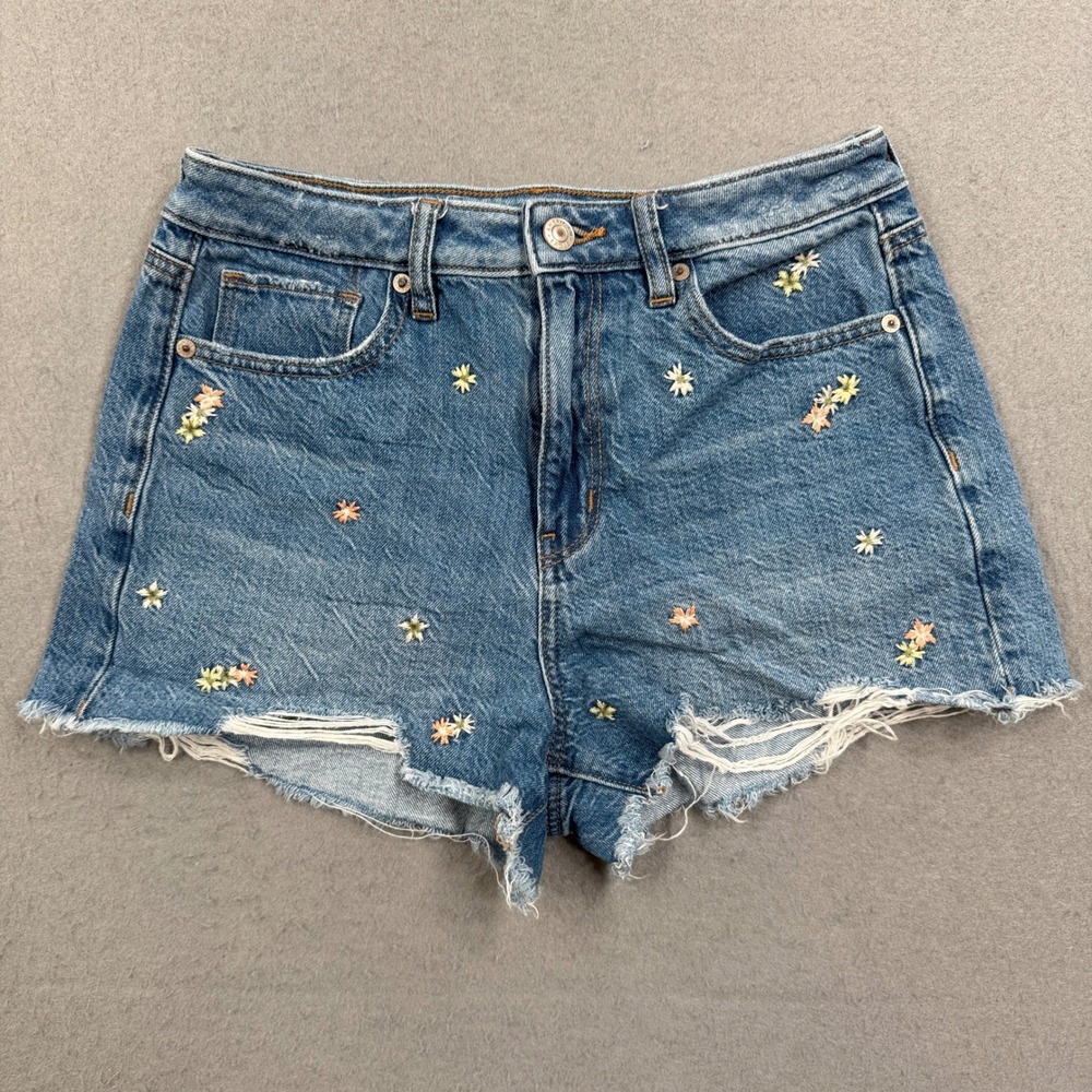 American Eagle Booty Shorts‎ Women's 4 Blue Floral Embroidered Distressed Cutoff